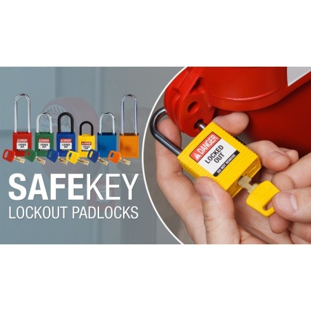 Kłódka Brady SafeKey Lockout, czerwona, z nylonowym kabłąkiem 38mm, różne klucze