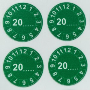 Etykiety inspekcyjne TYP-6, okrągłe Ø 20mm, zielone, w środku: 20..... i 12 miesięcy dookoła, 35szt.