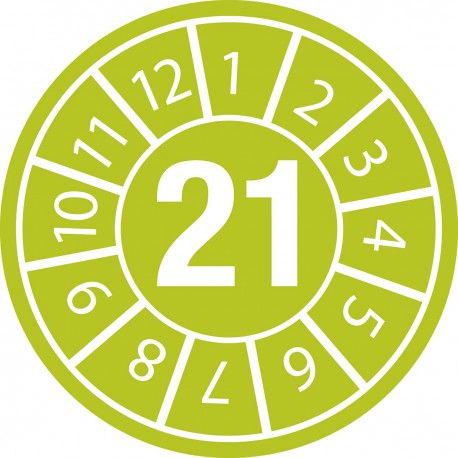 Naklejki plombowe z datą przeglądu, Ø10mm, rok "21", zielone, 104 szt.