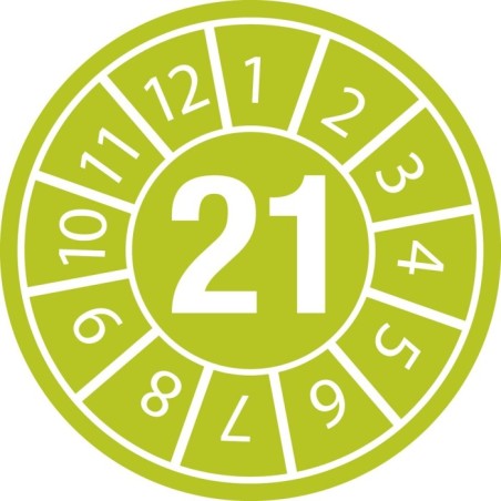 Naklejki plombowe z datą przeglądu, Ø10mm, rok "21", zielone, 104 szt.