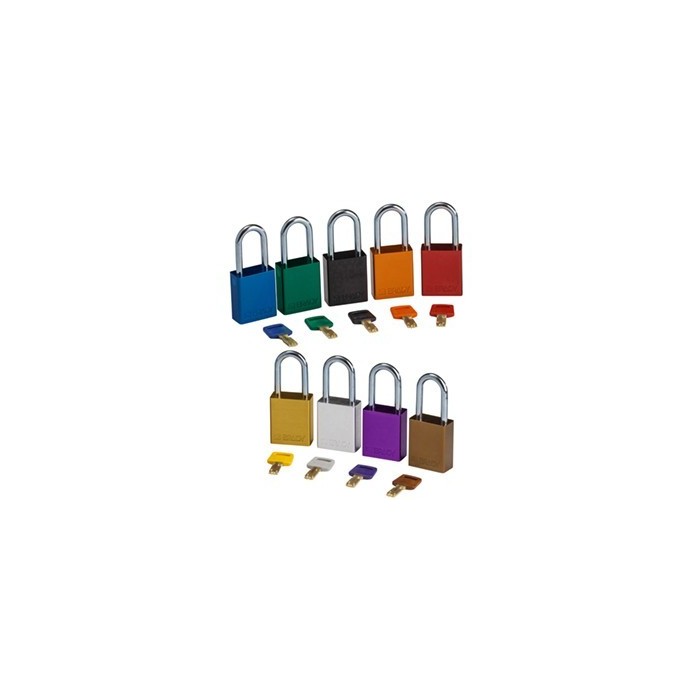 Kłódka BRADY, SafeKey, czarna, aluminiowa, ze stalowym kabłąkiem 38mm, różne klucze