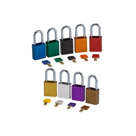 Kłódka BRADY, SafeKey, czarna, aluminiowa, ze stalowym kabłąkiem 38mm, różne klucze