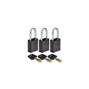 Kłódka BRADY, SafeKey, czarna, aluminiowa, ze stalowym kabłąkiem 38mm, różne klucze