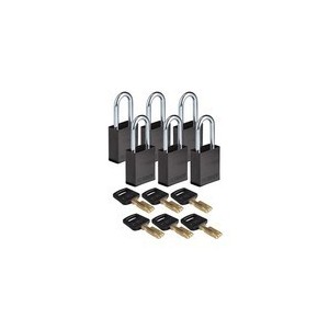 Kłódka BRADY, SafeKey, czarna, aluminiowa, ze stalowym kabłąkiem 38mm, różne klucze
