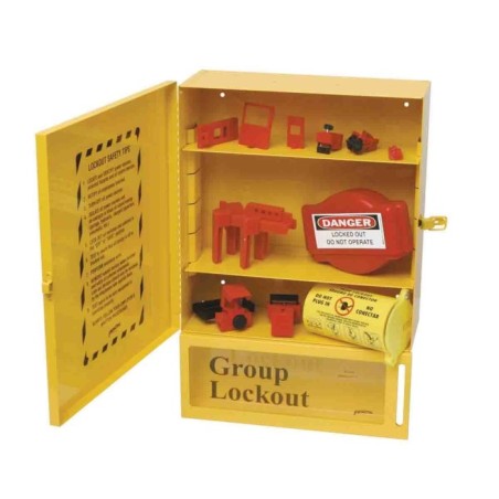 Stacja Lockout/Tagout, metalowa szafka na sprzęt LOTO + skrzynka blokowania grupowego Lock-Box