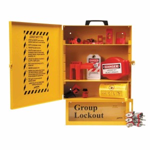 Stacja Lockout/Tagout, metalowa szafka na sprzęt LOTO + skrzynka blokowania grupowego Lock-Box