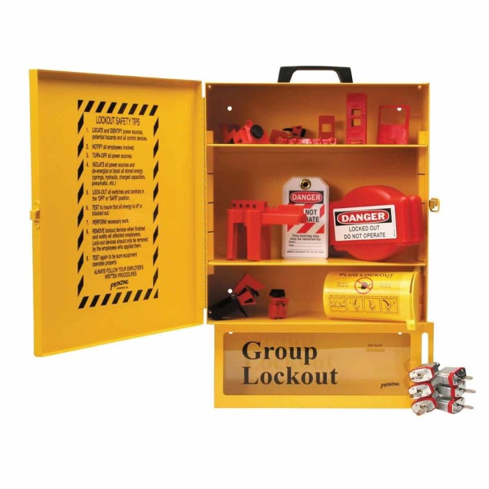 Stacja Lockout/Tagout, metalowa szafka na sprzęt LOTO + skrzynka blokowania grupowego Lock-Box