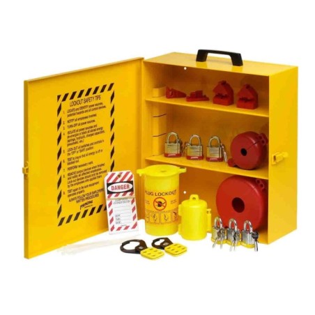Stacja Lockout/Tagout, metalowa szafka na sprzęt LOTO + skrzynka blokowania grupowego Lock-Box