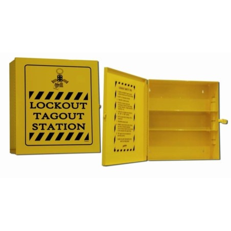 Stacja Lockout/Tagout, metalowa szafka na sprzęt LOTO + skrzynka blokowania grupowego Lock-Box