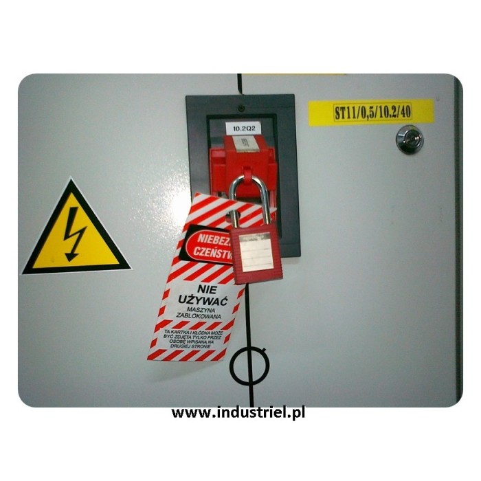 Przywieszka ostrzegawcza LOTO standardowa PL, biało-czerwono-czarna, 75x160mm