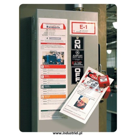 Przywieszka ostrzegawcza LOTO standardowa PL, biało-czerwono-czarna, 75x160mm