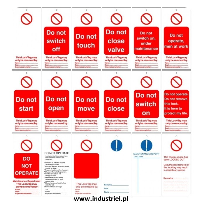 Przywieszka ostrzegawcza LOTO standardowa PL, biało-czerwono-czarna, 75x160mm
