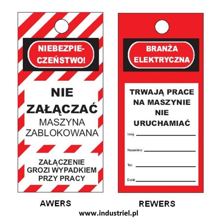 Przywieszka ostrzegawcza LOTO standardowa PL, biało-czerwono-czarna, 75x160mm