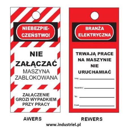 Przywieszka ostrzegawcza LOTO standardowa PL, biało-czerwono-czarna, 75x160mm