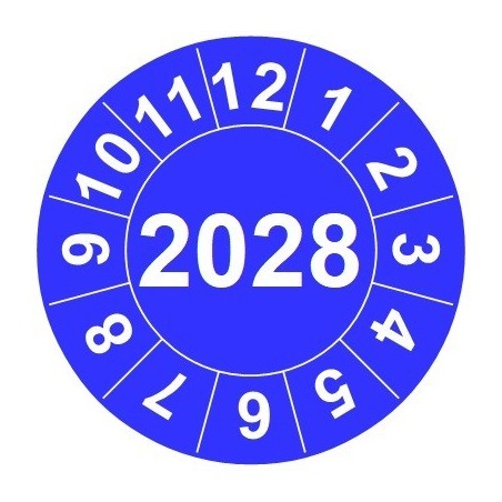 Naklejki przeglądów TYP-2, Ø 15mm, rok "2028", wybór koloru, arkusz 63szt.