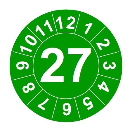 Naklejki przeglądów TYP-1, Ø15mm, rok "27", kolor do wyboru, arkusz 63szt.