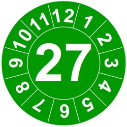 Naklejki przeglądów TYP-1, Ø 25mm, rok "27", kolor zielony, arkusz 20szt.