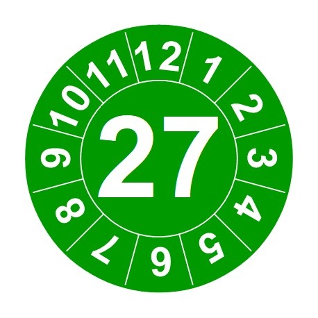 Naklejki przeglądów TYP-1, Ø 25mm, rok "27", kolor zielony, arkusz 20szt.