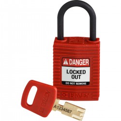 Kłódka Brady SafeKey Lockout, czerwona, z nylonowym kabłąkiem 25mm, różne klucze