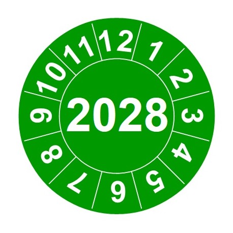 Naklejki przeglądów TYP-2, Ø 20mm, rok "2028", arkusz 35szt.