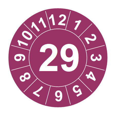 Naklejki przeglądów TYP-1, Ø 25mm, rok "29", kolor do wyboru, arkusz 20szt.