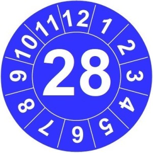 Naklejki przeglądów TYP-1, Ø10mm, rok "28", arkusz 143szt.