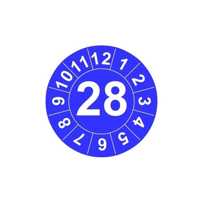 Naklejki przeglądów TYP-1, Ø10mm, rok "28", arkusz 143szt.