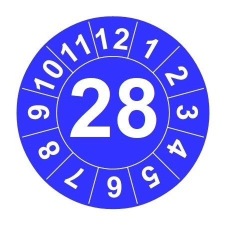 Naklejki przeglądów TYP-1, Ø10mm, rok "28", arkusz 143szt.