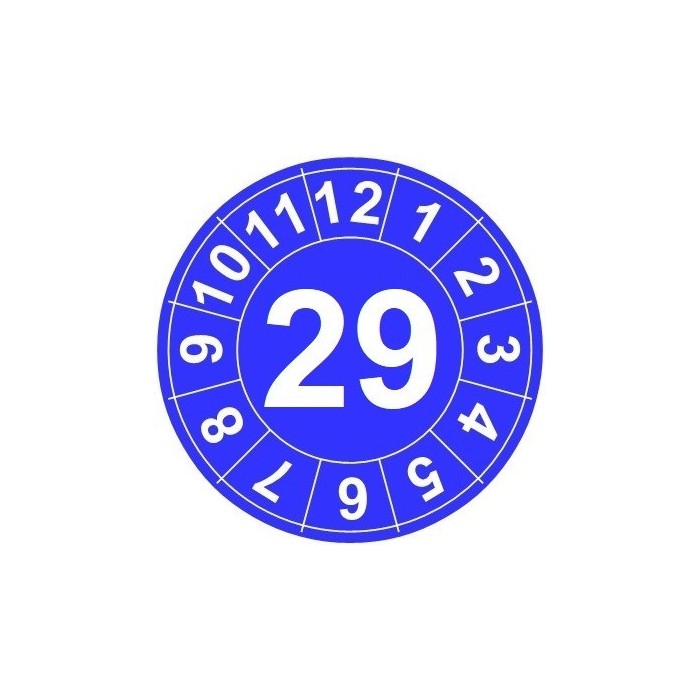 Naklejki przeglądów TYP-1, Ø10mm, rok "29", arkusz 143szt.