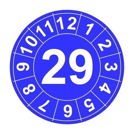 Naklejki przeglądów TYP-1, Ø10mm, rok "29", arkusz 143szt.