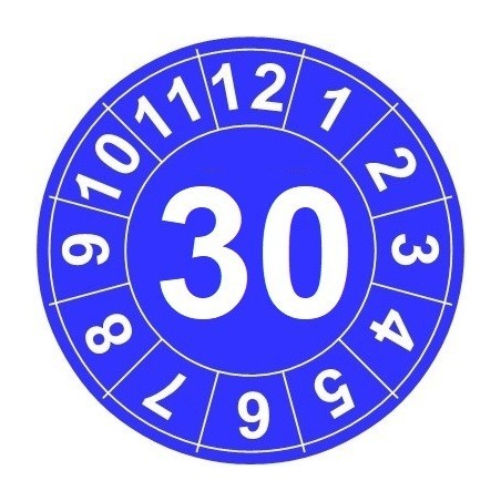 Naklejki przeglądów TYP-1, Ø10mm, rok "30", arkusz 143szt.