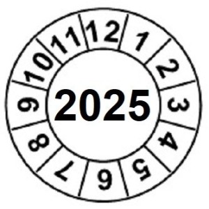Naklejki przeglądów TYP-2, Ø 20mm,  rok "2025", arkusz 35szt.