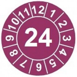 Naklejki przeglądów TYP-1, Ø 30mm, rok "24", kolor fioletowy, arkusz 20 szt.