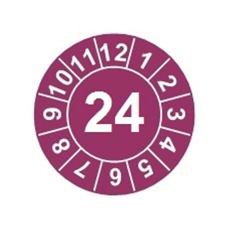 Naklejki przeglądów TYP-1, Ø 30mm, rok "24", kolor fioletowy, arkusz 20 szt.