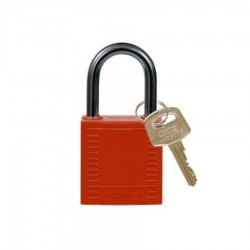 Kłódka bezpieczeństwa BRADY, czerwona, z aluminiowym kabłąkiem 25mm, różne klucze