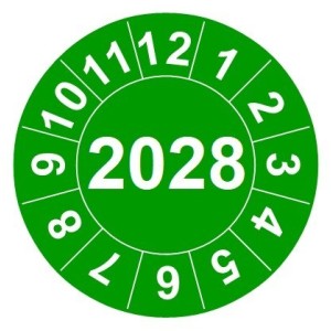 Naklejki przeglądów TYP-2, Ø 15mm, rok "2028", wybór koloru, arkusz 63szt.