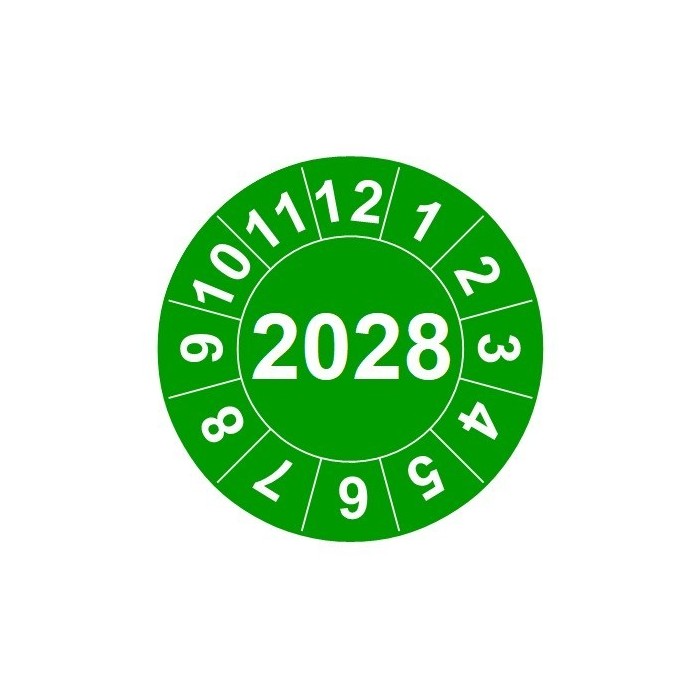Naklejki przeglądów TYP-2, Ø 15mm, rok "2028", wybór koloru, arkusz 63szt.