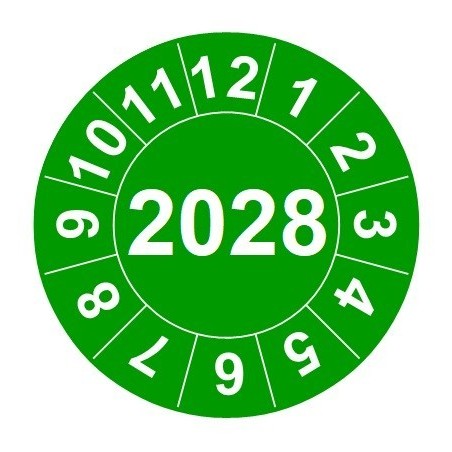 Naklejki przeglądów TYP-2, Ø 15mm, rok "2028", wybór koloru, arkusz 63szt.