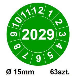 Naklejki przeglądów TYP-2, Ø 15mm, rok "2029", wybór koloru, arkusz 63 szt.