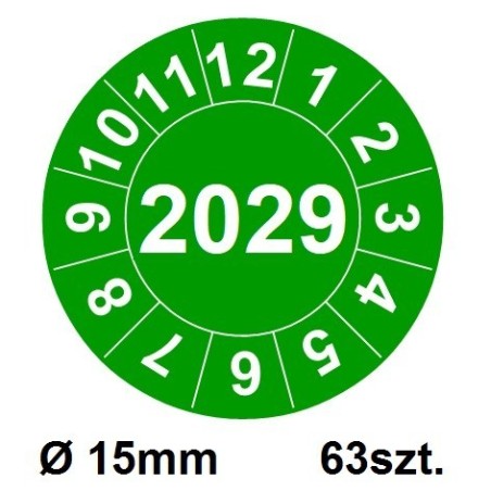 Naklejki przeglądów TYP-2, Ø 15mm, rok "2029", wybór koloru, arkusz 63 szt.