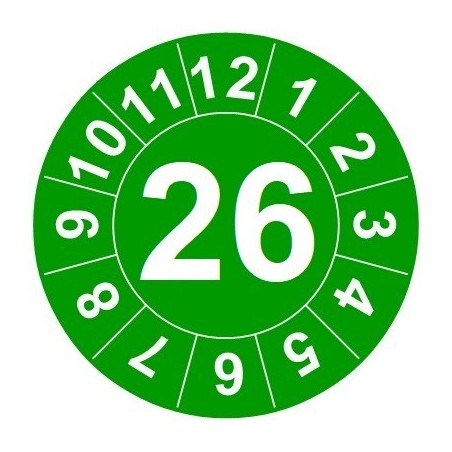 Naklejki przeglądów TYP-1, Ø10mm, rok "26", arkusz 143szt.