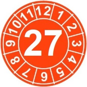 Naklejki przeglądów TYP-1, Ø10mm, rok "27", arkusz 143szt.