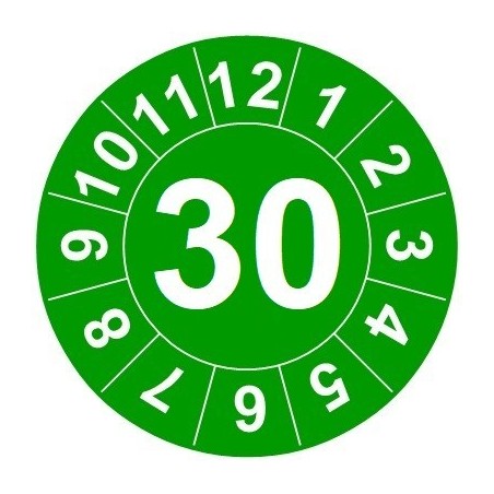 Naklejki przeglądów TYP-1, Ø10mm, rok "30", arkusz 143szt.