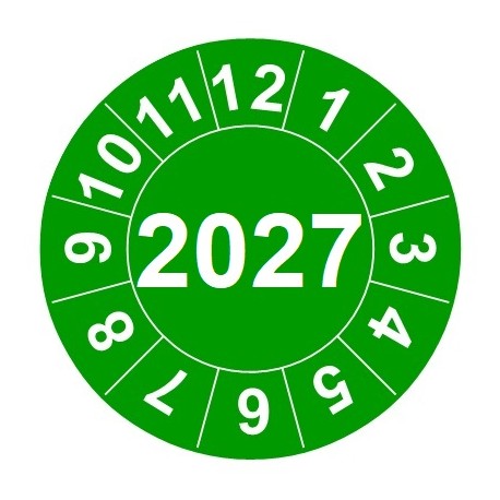 Naklejki przeglądów TYP-2, Ø 20mm, rok "2027", arkusz 35szt.