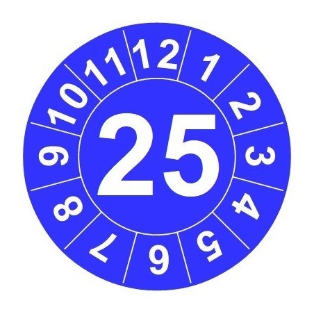 Naklejki przeglądów TYP-1, Ø15mm, rok "25", kolor do wyboru, arkusz 63szt.