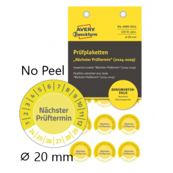 Tabliczki inspekcyjne NoPeel na lata 24-29, Nächster Prüftermin, Ø20, żółte, 120 sztuk