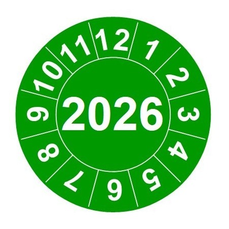 Naklejki przeglądów TYP-2, Ø 15mm, rok "2026", wybór koloru, arkusz 63szt.
