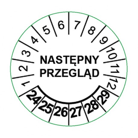 Etykiety inspekcyjne, naklejki przeglądowe, TYP-5, okrągłe Ø 25mm, na lata 24-29 - 20szt.