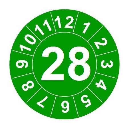 Naklejki przeglądów TYP-1, Ø15mm, rok "28", kolor do wyboru, arkusz 63szt.