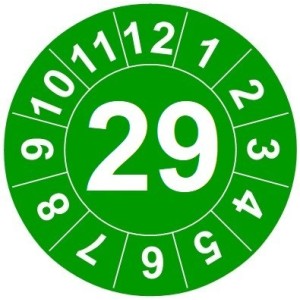Naklejki przeglądów TYP-1, Ø15mm, rok "29", kolor do wyboru, arkusz 63szt.